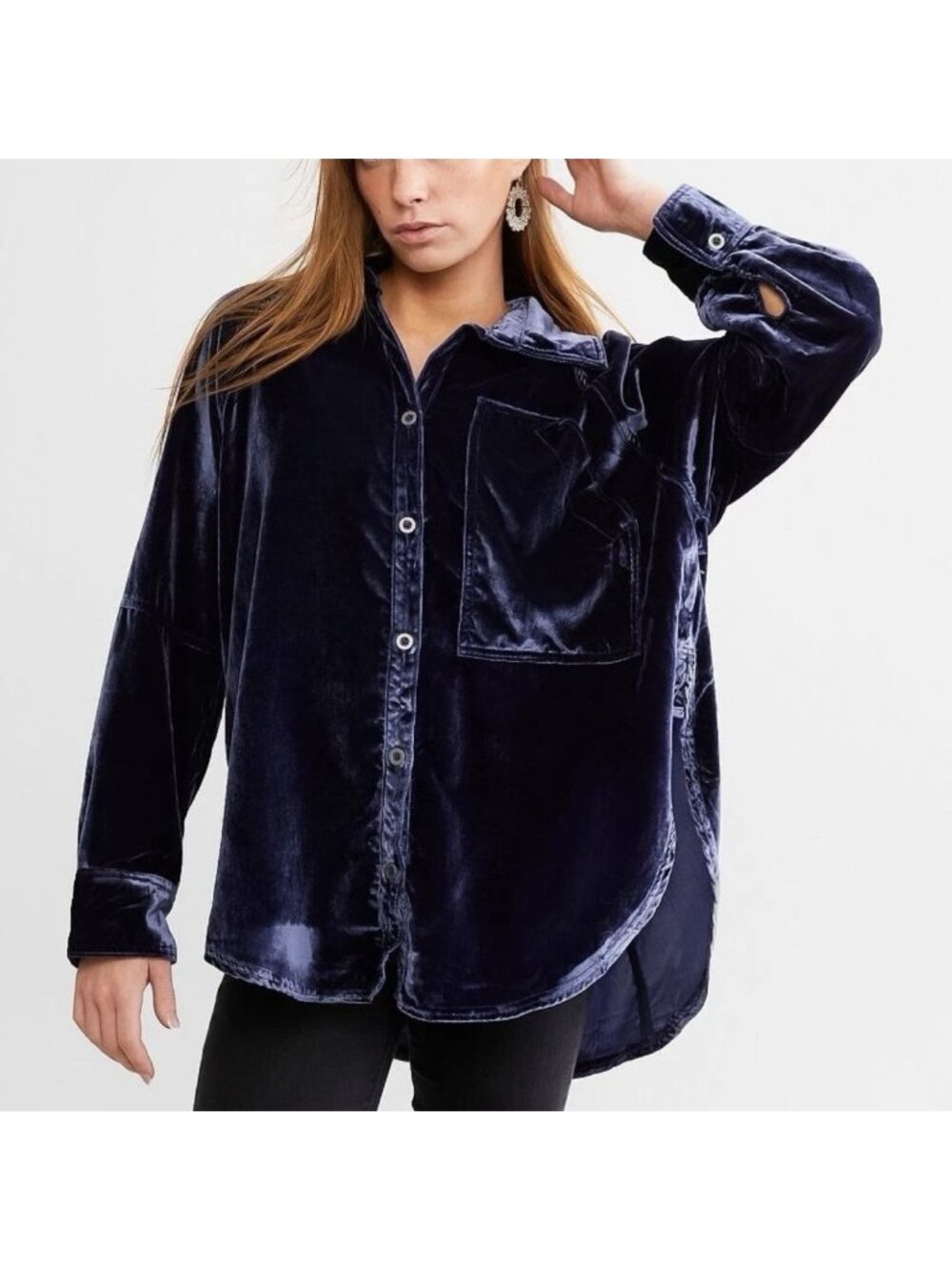 WE THE FREE x FREE PEOPLE Night Skies Velvet Shirt Top Navy Sz S Oversized